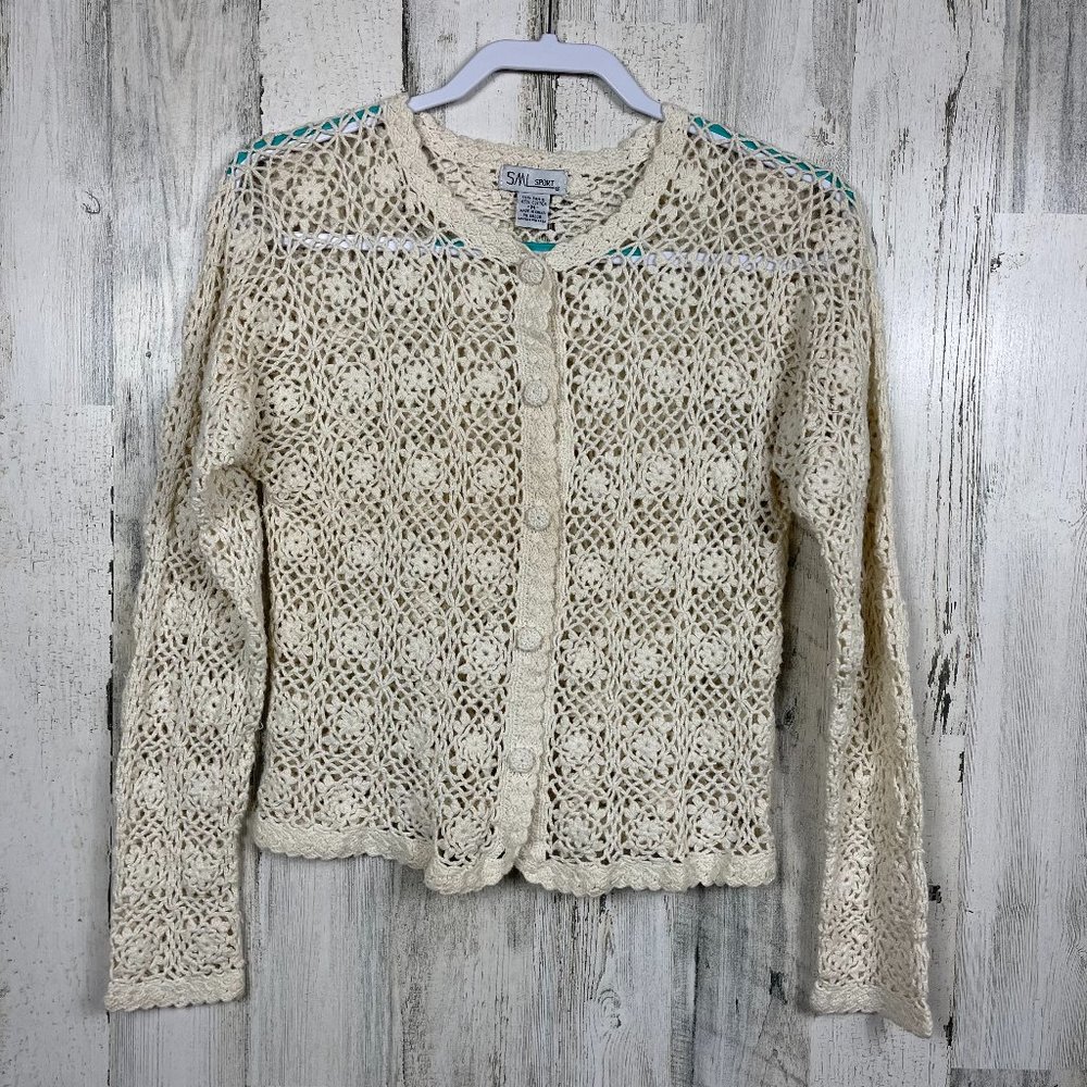 Vintage crochet cardigan granny grandmacore boho floral off white size medium